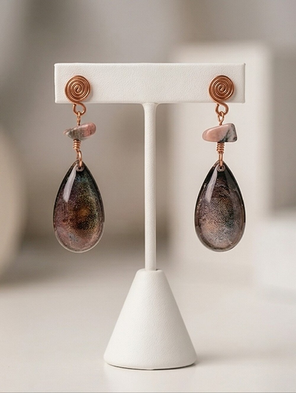 #466 HAND CRAFTED Earrings handcrafted handmade Resin Brown Blue Sunstone Chip